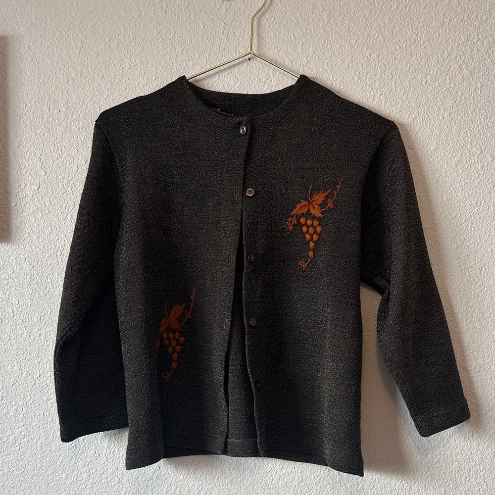 Vintage Brown & Tan/Gold Button-Up Cardigan with Grape Embroidery & 3/4 Sleeves